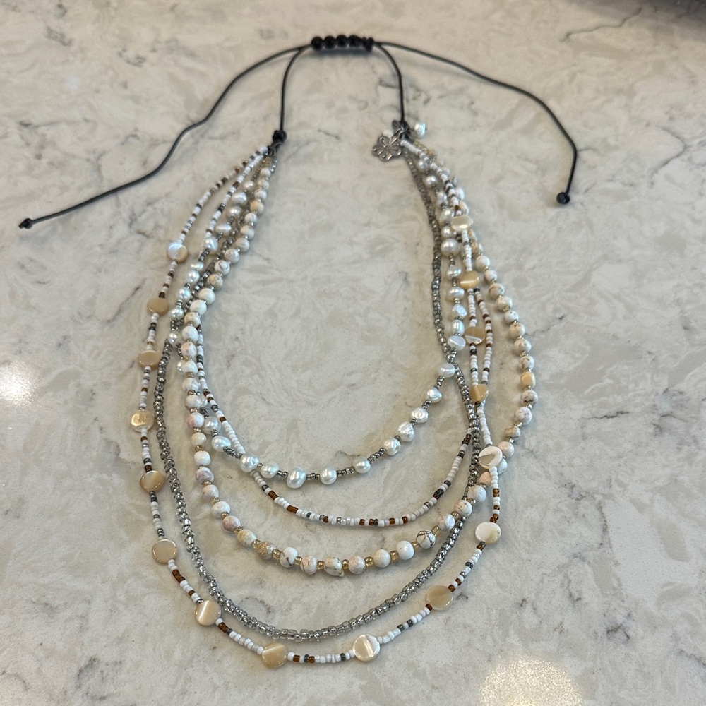 Peyote Bird Multi-Strand White Pearl and beaded necklace